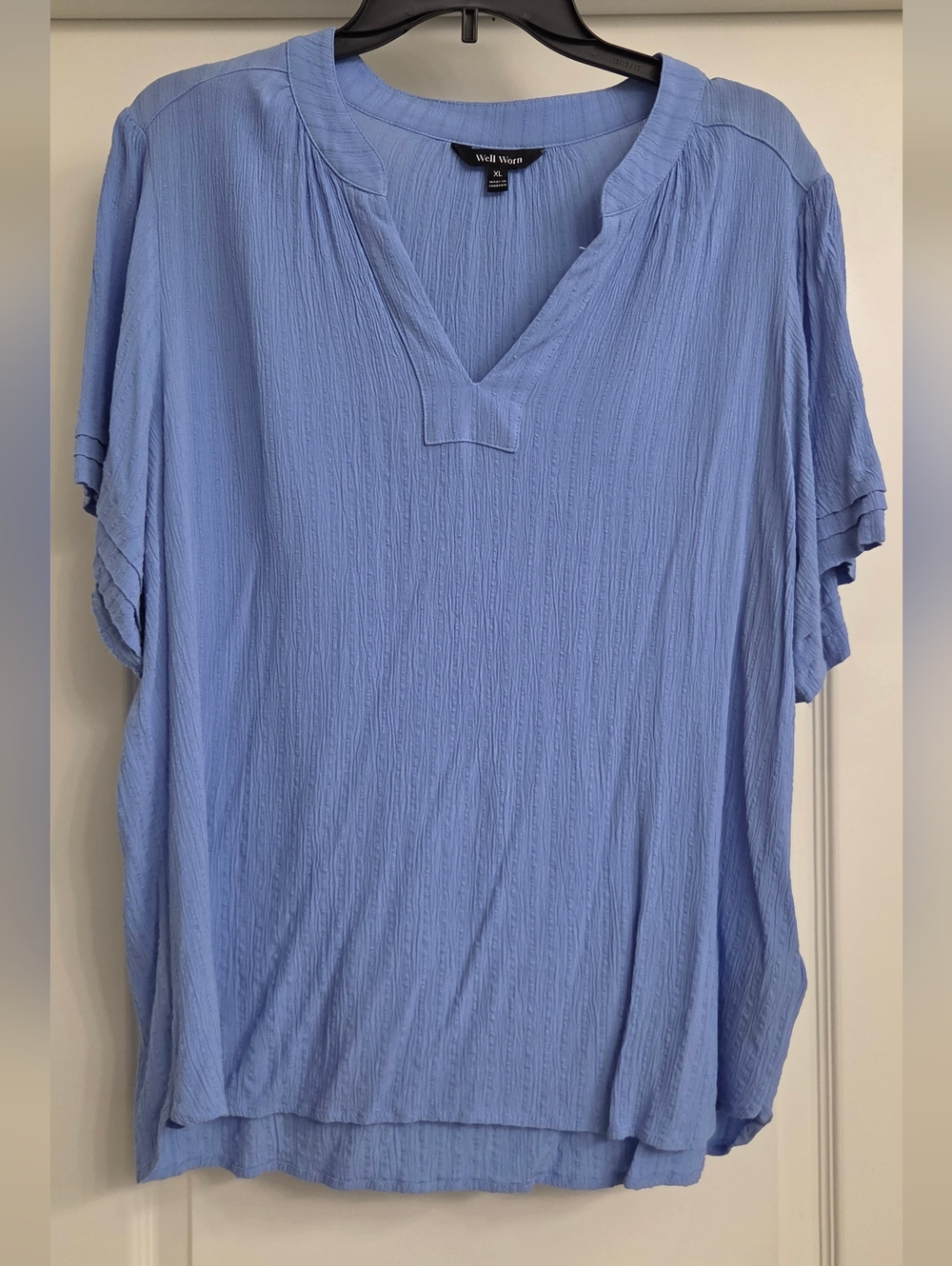 Well Worn Light Blue Crinkle V-Neck Short Sleeve Blouse